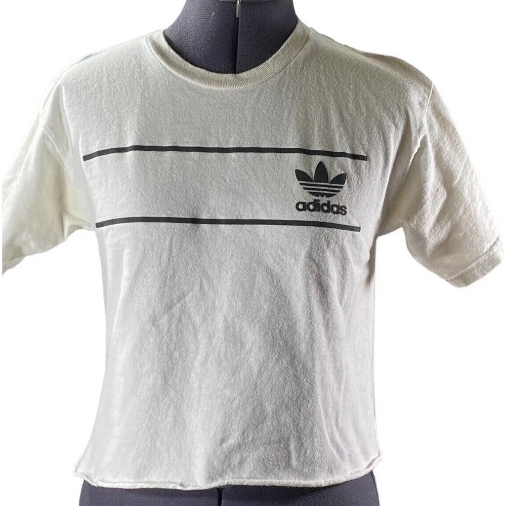 Adidas Shirt White Black Spell Out Crop Top Cotton Ladies Size Small Shirt EUC